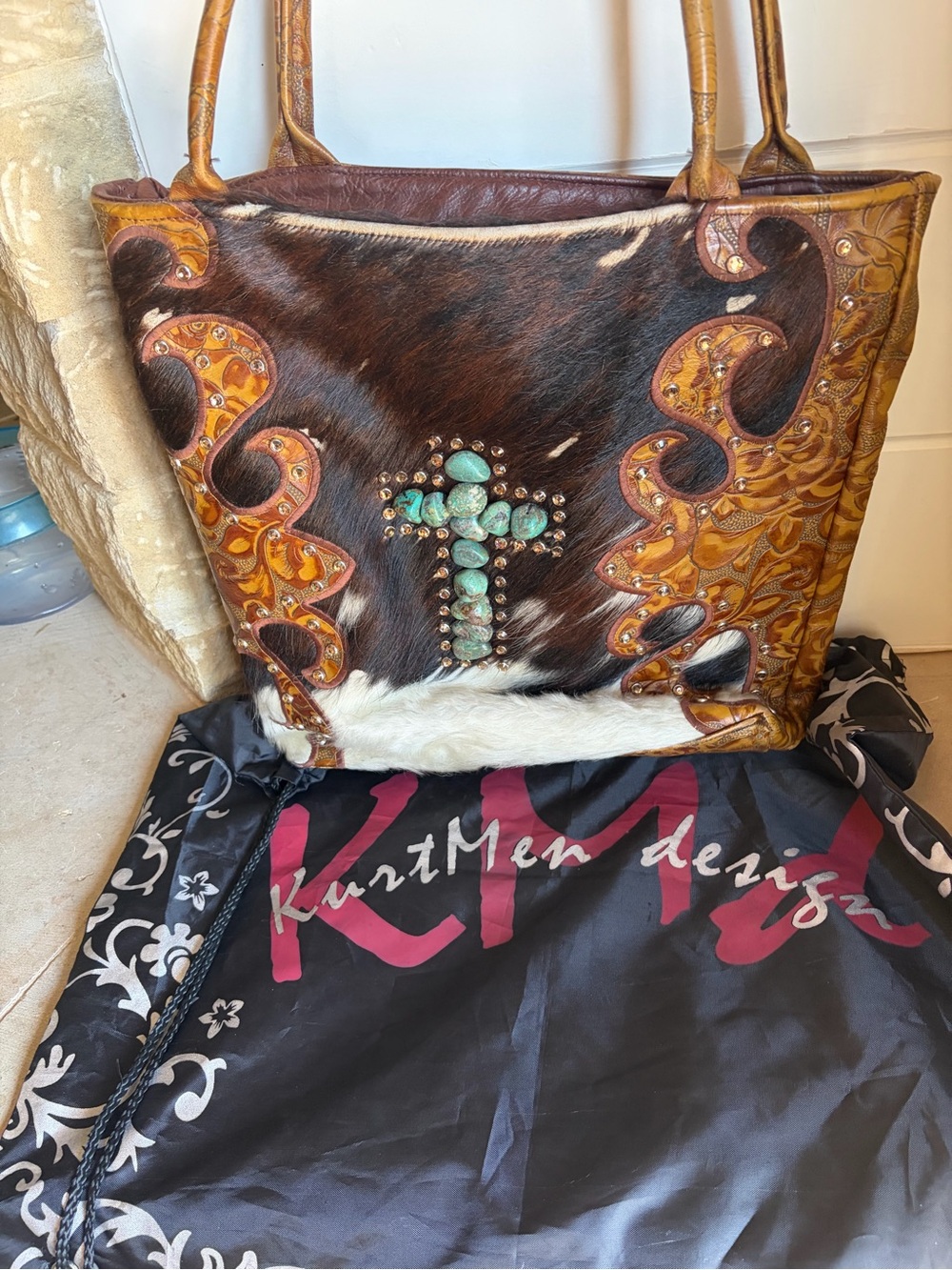 Brown and White Cowhide Shoulder Bag with Turquoise Cross